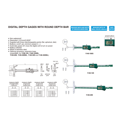 INSIZE Measuring Equipment Insize Digital Depth Gauge 0-100mm / 0-4" Range Series 1148-100