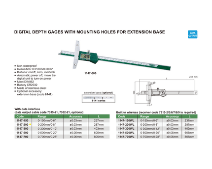 INSIZE Measuring Equipment Insize Digital Depth Gauge 0-200mm / 0-8" Range Series 1147-200