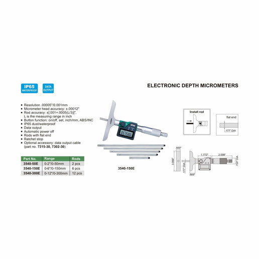 INSIZE Measuring Equipment Insize Digital Depth Micrometer 0-2" Range Series 3540-50E