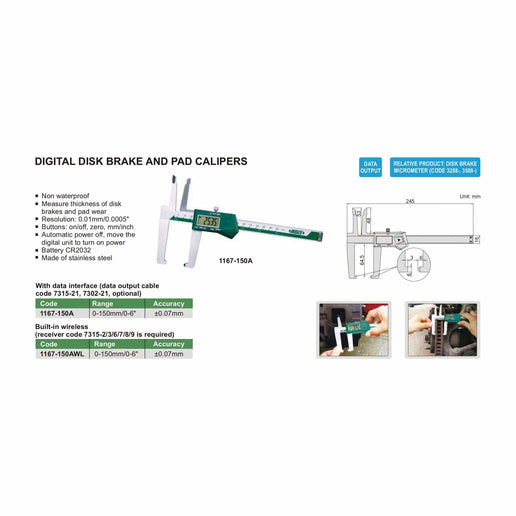 INSIZE Measuring Equipment Insize Digital Disc Brake & Pad Caliper 0-150mm/0-6" Range Series 1167-150A
