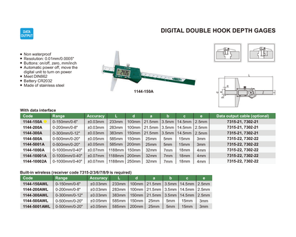 INSIZE Measuring Equipment Insize Digital Double Hook Depth Gauge 0-150mm / 0-6" Range Series 1144-150A
