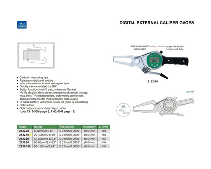 INSIZE Measuring Equipment Insize Digital External Caliper Gauge 20-40mm/0.8-1.6" Range Series 2132-40
