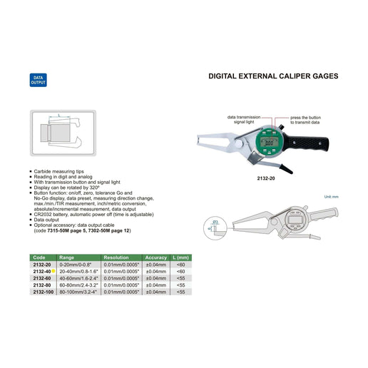INSIZE Measuring Equipment Insize Digital External Caliper Gauge 20-40mm/0.8-1.6" Range Series 2132-40