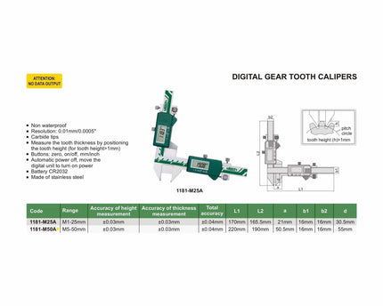 INSIZE Measuring Equipment Insize Digital Gear Tooth Caliper 5-50mm x 0.01mm Range Series 1181-M50A
