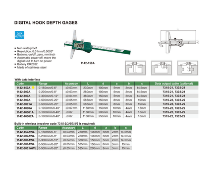 INSIZE MEASURING EQUIPMENT Insize Digital Hook Depth Gauge 0-150mm / 0-6" Range Series 1142-150A