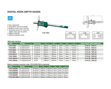 INSIZE Measuring Equipment Insize Digital Hook Depth Gauge 0-300mm / 0-12" Range Series 1142-300A