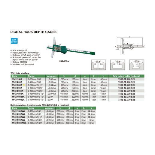 INSIZE Measuring Equipment Insize Digital Hook Depth Gauge 0-300mm / 0-12" Range Series 1142-300A