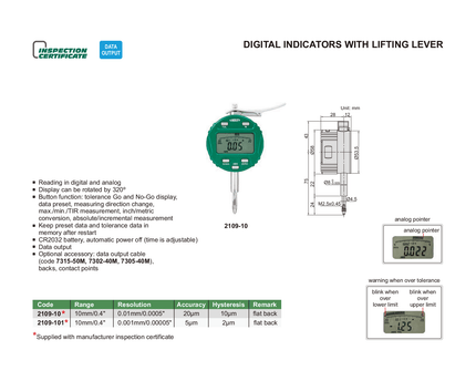 INSIZE Measuring Equipment Insize Digital Indicator 10mm/0.4" Range Series 2109-10