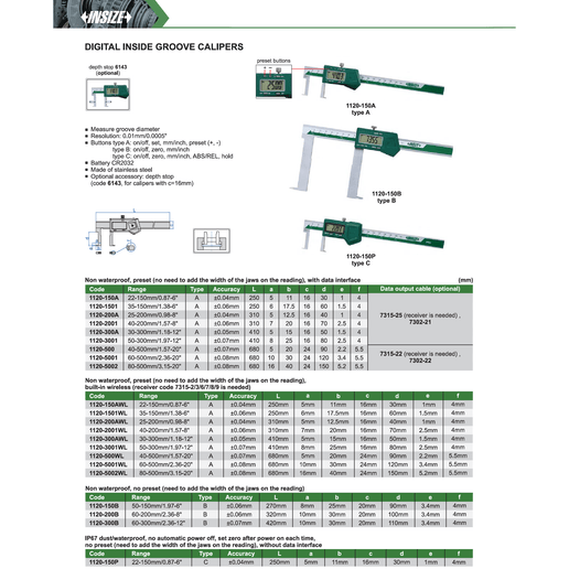 INSIZE MEASURING EQUIPMENT Insize Digital Inside Groove Caliper 40–500 mm Range Series 1120-500