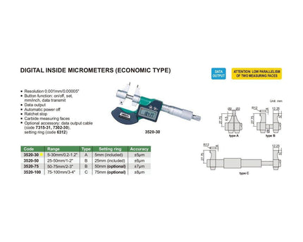 INSIZE Measuring Equipment Insize Digital Inside Micrometer 5-30mm/0.2-1.2" Range Series 3520-30