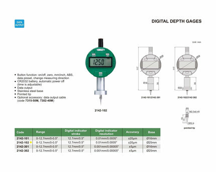 INSIZE Measuring Equipment Insize Digital Mini Long Base Depth Gauge 0-12.7mm/0-0.5" Range Series 2142-102