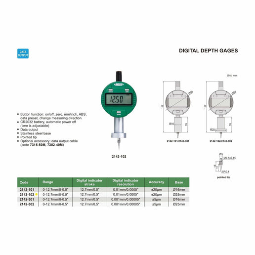 INSIZE Measuring Equipment Insize Digital Mini Long Base Depth Gauge 0-12.7mm/0-0.5" Range Series 2142-102