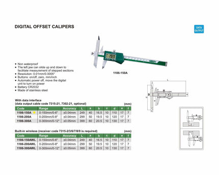 INSIZE Measuring Equipment Insize Digital Offset Caliper 0-150mm/0-6" Range Series 1186-150A