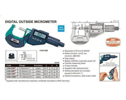INSIZE Measuring Equipment Insize Digital Outside Micrometer 0-25mm/0-1" Range Series 3109-25A