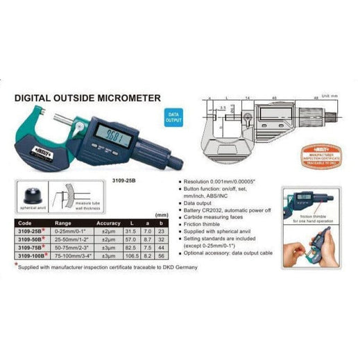 INSIZE Measuring Equipment Insize Digital Outside Micrometer 0-25mm/0-1" Range Series 3109-25A
