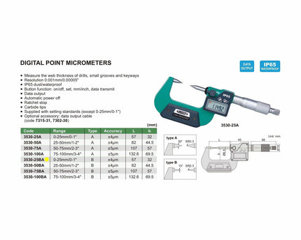 INSIZE Measuring Equipment Insize Digital Point Micrometer 0-25mm/0-1" Range Series 3530-25BA