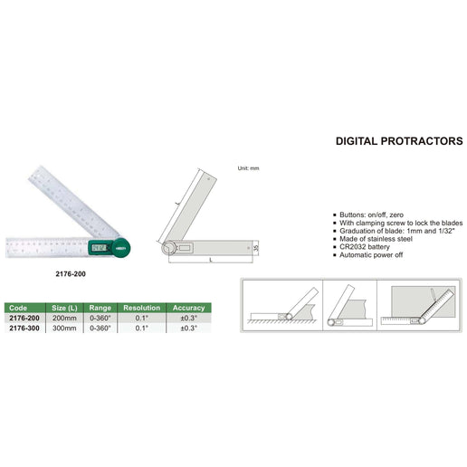 INSIZE Measuring Equipment Insize Digital Protractor 200mm 0-360° Range Series 2176-200