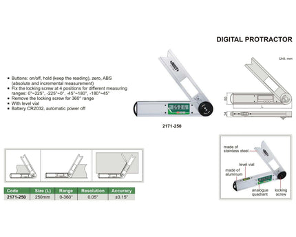 INSIZE Measuring Equipment Insize Digital Protractor 250mm 0-360° Range Series 2171-250