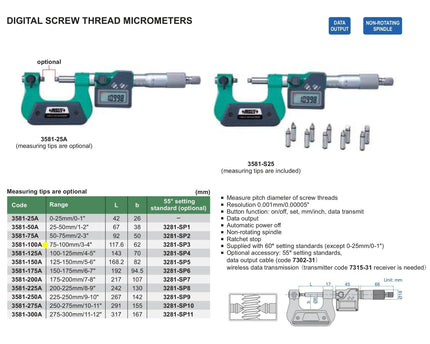 INSIZE Measuring Equipment Insize Digital Screw Thread Micrometer 75-100mm Range Series 3581-100A