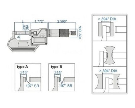 INSIZE Measuring Equipment Insize Digital Spherical Anvil Tube Micrometer 0-25mm/0-1" Range Series 3560-25E