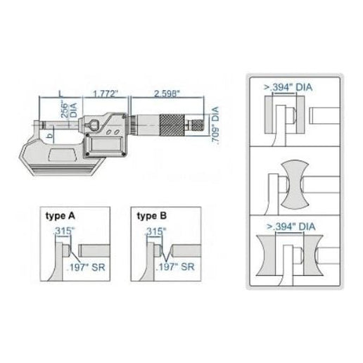 INSIZE Measuring Equipment Insize Digital Spherical Anvil Tube Micrometer 0-25mm/0-1" Range Series 3560-25E