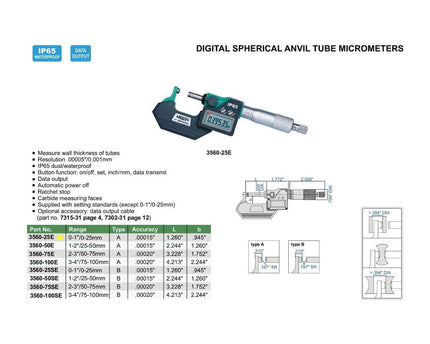 INSIZE Measuring Equipment Insize Digital Spherical Anvil Tube Micrometer 0-25mm/0-1" Range Series 3560-25E