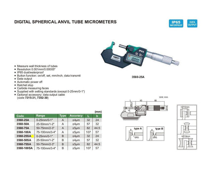 INSIZE Measuring Equipment Insize Digital Spherical Anvil Tube Micrometer 0-25mm/0-1" Range Series 3560-25SA