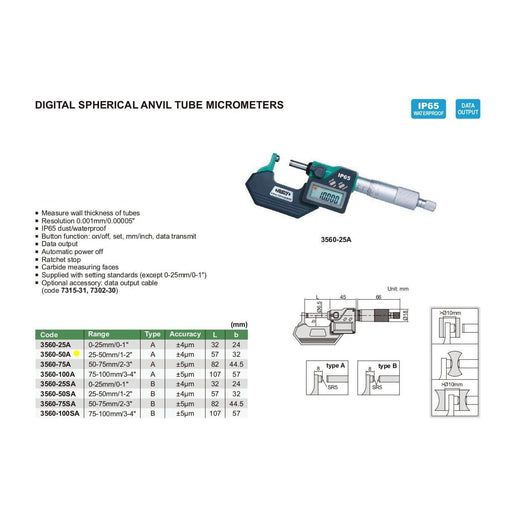 INSIZE Measuring Equipment Insize Digital Spherical Anvil Tube Micrometer 25-50mm/1-2" Range Series 3560-50A