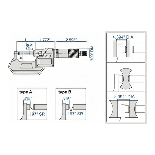 INSIZE Measuring Equipment Insize Digital Spherical Anvil Tube Micrometer 25-50mm/1-2" Range Series 3560-50E