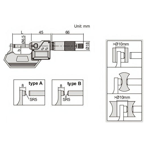 INSIZE Measuring Equipment Insize Digital Spherical Anvil Tube Micrometer 50-75mm/2-3" Range Series 3560-75SA