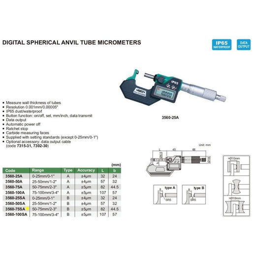 INSIZE Measuring Equipment Insize Digital Spherical Anvil Tube Micrometer 50-75mm/2-3" Range Series 3560-75SA