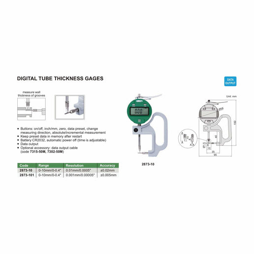 INSIZE Measuring Equipment Insize Digital Thickness Gauge 0-10mm/0-0.4" Range Series 2873-10