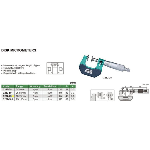 INSIZE Measuring Equipment Insize Disc Micrometer 50-75mm Range Series 3282-75