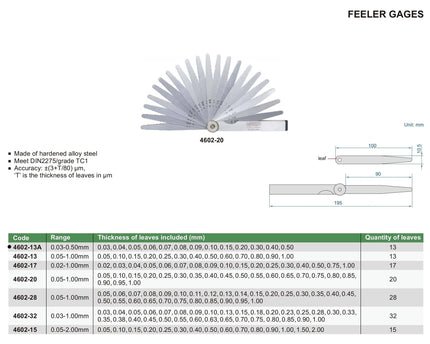 INSIZE MEASURING EQUIPMENT Insize Feeler Gauge 13pc Set 0.03-0.50mm Range Series 4602-13A