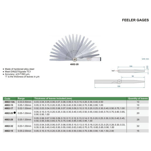 INSIZE Measuring Equipment Insize Feeler Gauge 20pc Set 0.05-1mm Range Series 4602-20