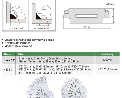 INSIZE Measuring Equipment Insize Fillet Weld Gauge Series 4836-1