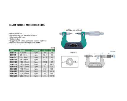INSIZE Measuring Equipment Insize Gear Tooth Micrometer 75–100 mm Range Series 3291-100