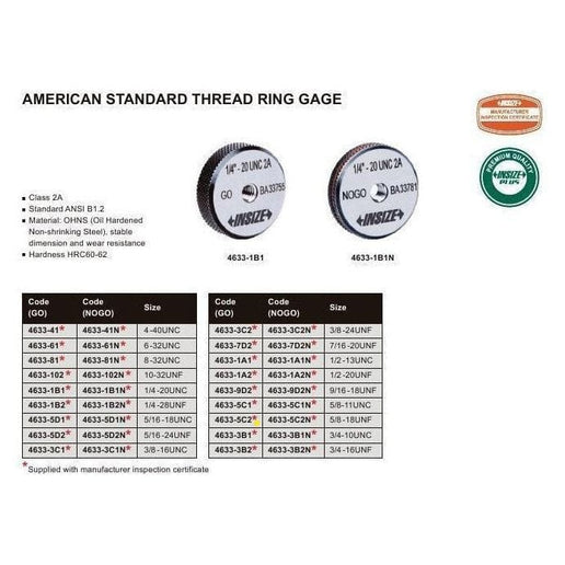 INSIZE Measuring Equipment Insize GO Thread Ring Gauge 5/8"-18 UNF Series - 4633-5C2