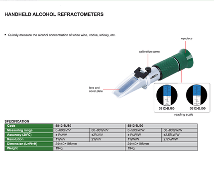 INSIZE MEASURING EQUIPMENT Insize Handheld Alcohol Refractometer 0–60%V/V & 60–80%V/V Series 5812-BJ80