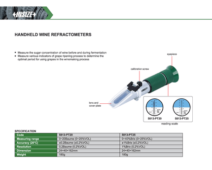 INSIZE MEASURING EQUIPMENT Insize Handheld Wine Refractometer 0–20Baume Series 5813-PT20