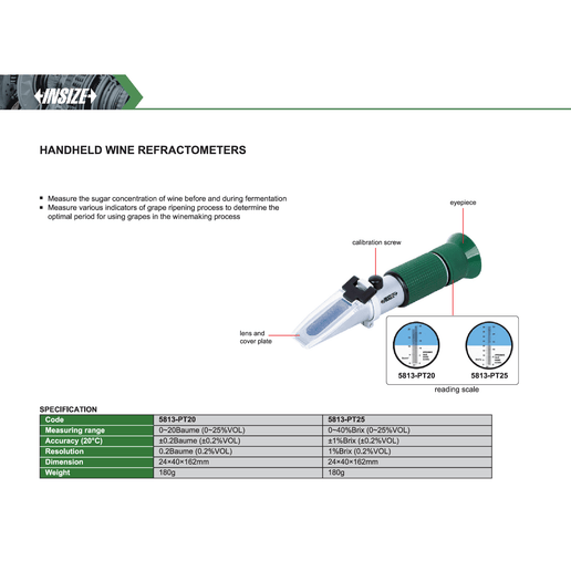 INSIZE MEASURING EQUIPMENT Insize Handheld Wine Refractometer 0–40%Brix Series 5813-PT25
