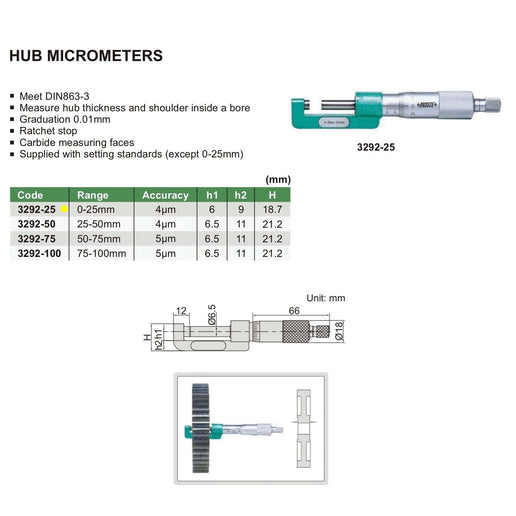 INSIZE Measuring Equipment Insize Hub Micrometer 0-25mm Range Series 3292-25