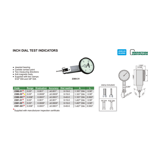 INSIZE Measuring Equipment Insize Imperial Dial Indicator 0.03" Range Series 2380-35