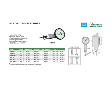 INSIZE Measuring Equipment Insize Imperial Dial Indicator 0.03" Range Series 2381-31