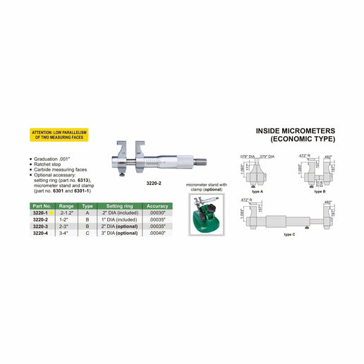 INSIZE Measuring Equipment Insize Imperial Inside Micrometer 0.2-1.2" Range Series 3220-1