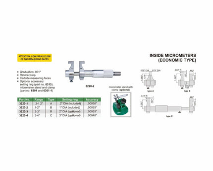 INSIZE Measuring Equipment Insize Imperial Inside Micrometer 1-2" Range Series 3220-2