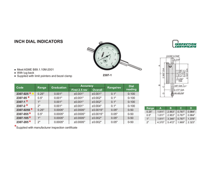 INSIZE Measuring Equipment Insize Imperial Lug Back Dial Indicator 0.25" Range Series 2307-025