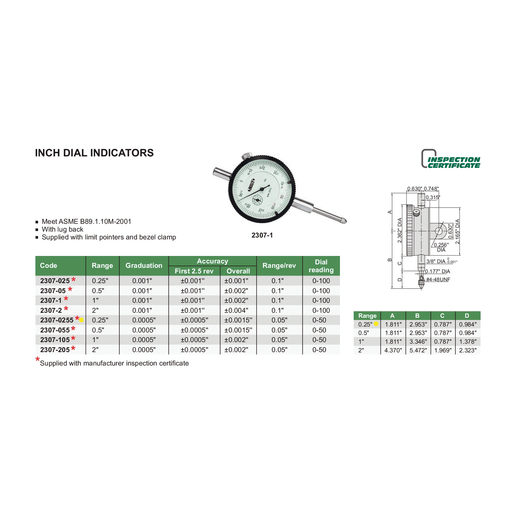 INSIZE Measuring Equipment Insize Imperial Lug Back Dial Indicator 0.25" Range Series 2307-0255