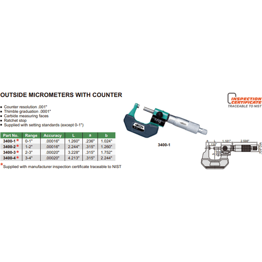 INSIZE Measuring Equipment Insize Imperial Outside Micrometer W/ Analog Counter 0-1" Range Series 3400-1