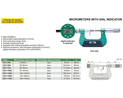 INSIZE Measuring Equipment Insize Indicating Micrometer 0-25mm Range Series 3331-25A